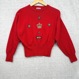 Vtg Ski Meister Red Wool Blend Sweater Jewel Embellished Glam Knit Pullover Sz S